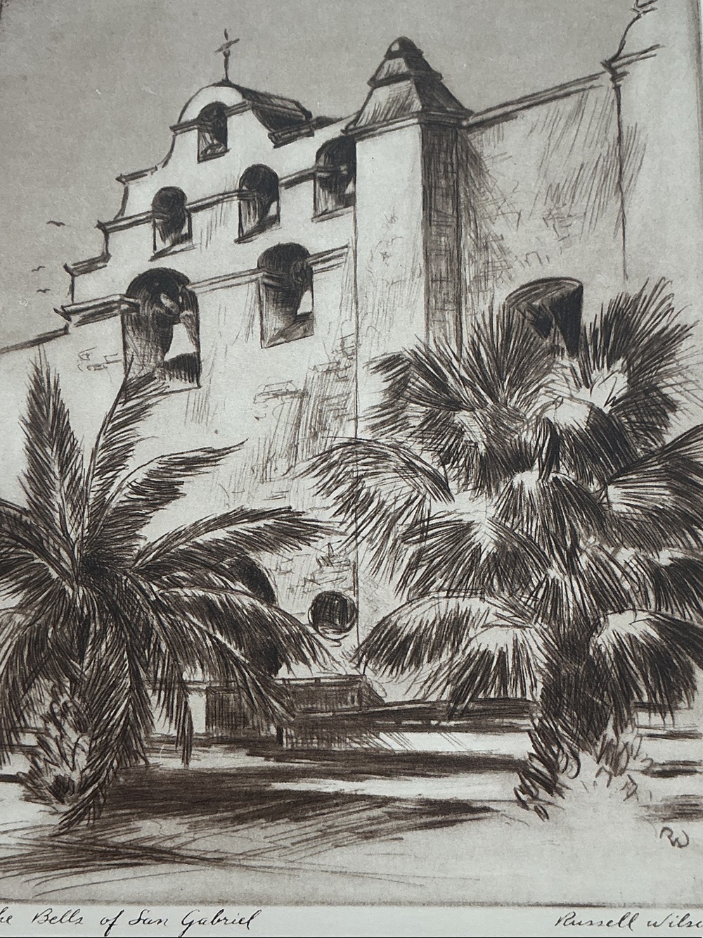 Vintage Russell Wilson Etching "The Bells of San Gabriel" Mission Art